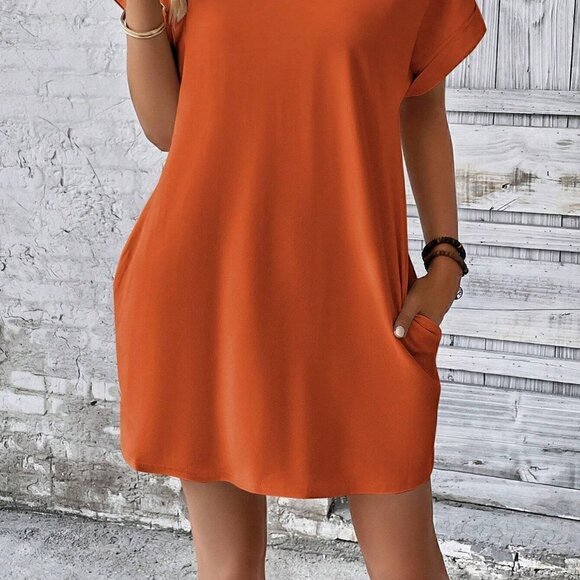 Burnt Orange Boho Womens  Solid Batwing Sleeve Hidden Pocket Tee Dress - Picture 5 of 5